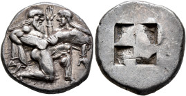 ISLANDS OFF THRACE, Thasos. Circa 480-463 BC. Stater (Silver, 22 mm, 8.42 g). Nude ithyphallic satyr, bald and with long beard and long hair, moving r...