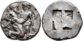 ISLANDS OFF THRACE, Thasos. Circa 412-404 BC. Stater (Silver, 22 mm, 8.54 g). Nude satyr, bald and with long beard, moving right in 'running-kneeling'...