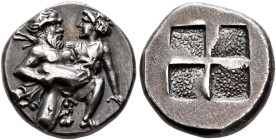 ISLANDS OFF THRACE, Thasos. Circa 412-404 BC. Drachm (Silver, 14 mm, 3.56 g). Nude satyr, bald and with long beard, moving right in 'running-kneeling'...