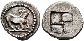 THRACO-MACEDONIAN TRIBES, Orreskioi. Circa 480-465 BC. Diobol (Silver, 10 mm, 1.14 g). Bull kneeling to right. Rev. Quadripartite incuse square with p...