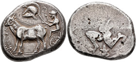 THRACO-MACEDONIAN TRIBES, Derrones. Circa 480/75-465/2 BC. Tetrastater or Dodekadrachm (Silver, 38 mm, 39.39 g, 12 h). ΔΕRΟИ Male driver, wearing peta...