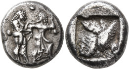THRACO-MACEDONIAN REGION. Berge (?). Circa 525-480 BC. Stater (Silver, 20 mm, 9.79 g). Ithyphallic satyr standing right, grasping right wrist of nymph...