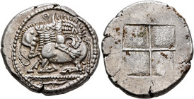MACEDON. Akanthos. Circa 480-470 BC. Tetradrachm (Silver, 29 mm, 17.41 g). Lion to right, attacking a bull collapsing to left with head raised; above,...