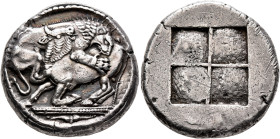 MACEDON. Akanthos. Circa 470-460 BC. Tetradrachm (Silver, 27 mm, 17.15 g). Lion right, attacking a bull collapsing to left with head raised to right; ...