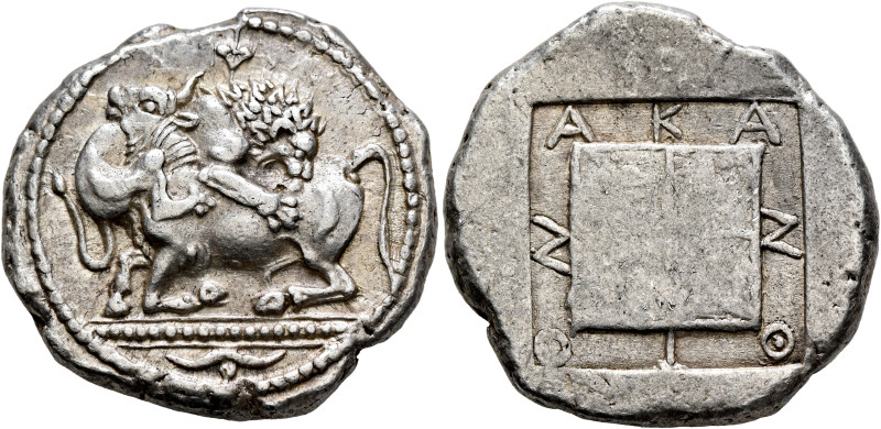 MACEDON. Akanthos. Circa 460-450 BC. Tetradrachm (Silver, 28 mm, 17.21 g, 12 h)....