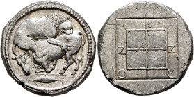 MACEDON. Akanthos. Circa 440-430 BC. Tetradrachm (Silver, 28 mm, 17.22 g, 4 h). Lion right, attacking a bull collapsing to left with head lowered; in ...