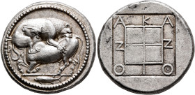 MACEDON. Akanthos. Circa 440-430 BC. Tetradrachm (Silver, 29 mm, 17.28 g, 7 h). Lion right, attacking a bull collapsing to left with head raised; in e...