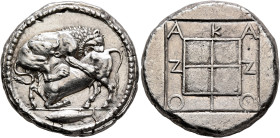 MACEDON. Akanthos. Circa 440-430 BC. Tetradrachm (Silver, 27 mm, 17.23 g, 11 h). Lion right, attacking a bull collapsing to left with upraised head; i...