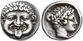 MACEDON. Neapolis. Circa 424-350 BC. Drachm (Silver, 15 mm, 3.86 g, 3 h). Facing gorgoneion with protruding tongue. Rev. N-[E-O]-Π Laureate head of th...