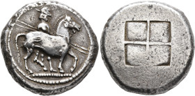 KINGS OF MACEDON. Alexander I (?), 498-454 BC. Tristater or Oktadrachm (Silver, 30 mm, 29.47 g), circa 480s-470s BC. Horseman, wearing chlamys and pet...