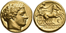 KINGS OF MACEDON. Philip II, 359-336 BC. Stater (Gold, 16 mm, 8.58 g, 6 h), Amphipolis, circa 340/36-328. Laureate head of Apollo to right. Rev. ΦΙΛΙΠ...