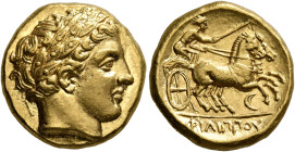 KINGS OF MACEDON. Philip II, 359-336 BC. Stater (Gold, 17 mm, 8.61 g, 1 h), Amphipolis, circa 340/36-328. Laureate head of Apollo to right. Rev. ΦΙΛΙΠ...