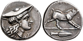 AITOLIA, Aitolian League. Circa 230-220 BC. Triobol (Silver, 14 mm, 2.85 g, 4 h). Λ - Υ Head of Aitolia to right, wearing kausia and single pendant ea...