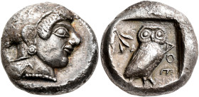 ATTICA. Athens. Circa 510-500/490 BC. Tetradrachm (Silver, 24 mm, 17.00 g, 12 h). Head of Athena to right, wearing crested Attic helmet decorated with...