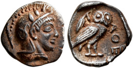 ATTICA. Athens. Circa 465/2-454 BC. Obol (Silver, 9 mm, 0.65 g, 3 h). Head of Athena to right, wearing crested Attic helmet decorated with three olive...