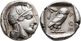ATTICA. Athens. Circa 440s-430s BC. Tetradrachm (Silver, 25 mm, 17.19 g, 5 h). Head of Athena to right, wearing crested Attic helmet decorated with th...