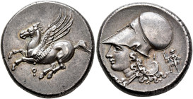 CORINTHIA. Corinth. Circa 375-300 BC. Stater (Silver, 21 mm, 8.59 g, 9 h). Pegasos flying left; below, Ϙ. Rev. Head of Athena to left, wearing Corinth...
