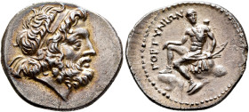 CRETE. Gortyna. Circa 98/6-94 BC. Drachm (Silver, 21 mm, 3.82 g, 12 h). Diademed head of Zeus (or Minos) to right. Rev. ΓΟΡΤΥΝΙΩΝ Apollo seated left o...