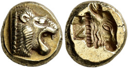 LESBOS. Mytilene. Circa 521-478 BC. Hekte (Electrum, 11 mm, 2.57 g, 6 h). Head of a roaring lion to right. Rev. Incuse head of a calf to right with re...