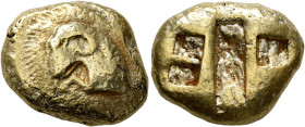 IONIA. Uncertain. Circa 650-600 BC. Stater (Electrum, 20 mm, 13.99 g), Lydo-Milesian standard. Curved forepart of a ram set to left on a striated conv...