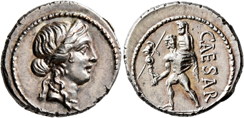 Julius Caesar, 49-44 BC. Denarius (Silver, 18 mm, 3.86 g, 6 h), military mint mo...