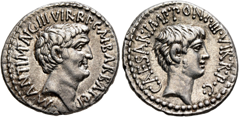 Mark Antony and Octavian. Denarius (Silver, 20 mm, 3.83 g, 12 h), with M. Barbat...