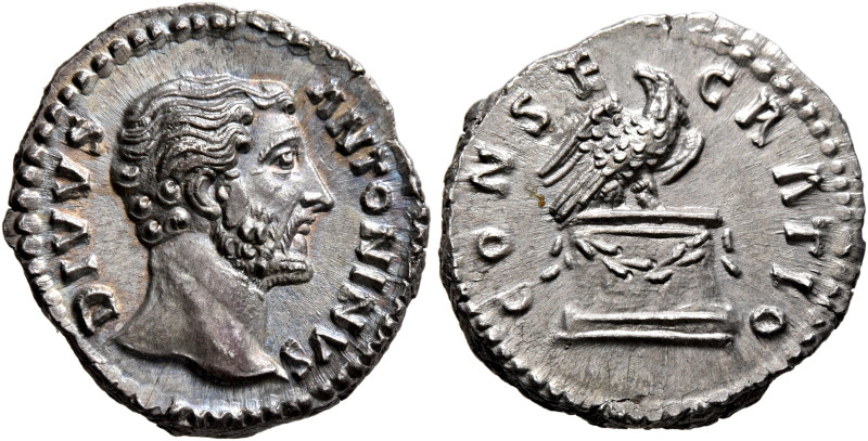 Divus Antoninus Pius, died 161. Denarius (Silver, 19 mm, 3.35 g, 5 h), Rome, str...