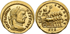 Licinius I, 308-324. Aureus (Gold, 18 mm, 5.09 g), Siscia, circa December 312-March 313. IMP LICINI-VS P F AVG Laureate head of Licinius I to right. R...