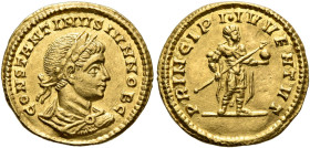 Constantine II, as Caesar, 316-337. 1 1/2 Scripula (Gold, 13 mm, 1.62 g, 12 h), Ticinum (?), circa 320-321. CONSTANTINVS IVN NOB C Laureate, draped an...