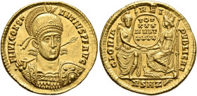 Constantius II, 337-361. Solidus (Gold, 20 mm, 4.52 g, 6 h), Rome, 355-357. FL IVL CONST-ANTVS P F AVG Helmeted, pearl-diademed and cuirassed bust of ...