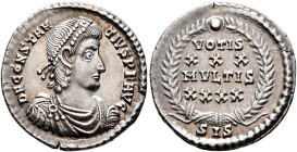 Constantius II, 337-361. Siliqua (Silver, 18 mm, 2.08 g, 6 h), Siscia, November 355-Summer 361. D N CONSTAN-TIVS P F AVG Pearl-diademed, draped and cu...