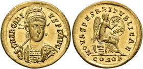 Arcadius, 383-408. Solidus (Gold, 20 mm, 4.46 g, 6 h), Constantinopolis, circa 402-403. D N ARCADI-VS P F AVG Pearl-diademed, helmeted and cuirassed b...
