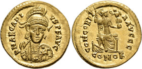 Arcadius, 383-408. Solidus (Gold, 21 mm, 4.44 g, 6 h), Thessalonica, circa 402-403. D N ARCADI-VS P F AVG Pearl-diademed, helmeted and cuirassed bust ...