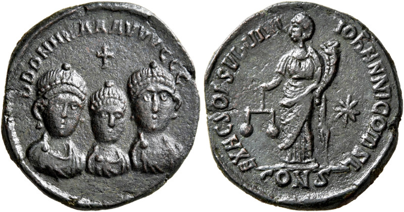 Arcadius, with Honorius and Theodosius II, 383-408. Exagium Solidi (Bronze, 21 m...