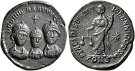 Arcadius, with Honorius and Theodosius II, 383-408. Exagium Solidi (Bronze, 21 mm, 4.13 g, 6 h), Constantonopolis. Johannes, comes sacrarum largitionu...