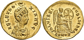 Aelia Eudoxia, Augusta, 400-404. Solidus (Gold, 20 mm, 4.48 g, 6 h), Constantinopolis, 400-402. AEL EVDO-XIA AVG Pearl-diademed and draped bust of Ael...