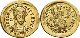 Honorius, 393-423. Solidus (Gold, 20 mm, 4.45 g, 6 h), Constantinopolis, circa 403-408. D N HONORI-VS P F AVG Helmeted, pearl-diademed and cuirassed b...