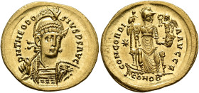 Theodosius II, 402-450. Solidus (Gold, 22 mm, 4.48 g, 6 h), Constantinopolis, 408-420. D N THEODO-SIVS P F AVG Pearl-diademed, helmeted and cuirassed ...