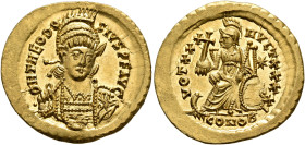 Theodosius II, 402-450. Solidus (Gold, 19 mm, 4.50 g, 6 h), Constantinopolis, 430-440. D N THEODO-SIVS P F AVG Pearl-diademed, helmeted and cuirassed ...