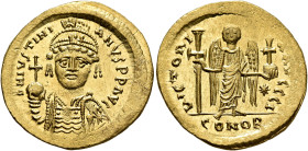Justinian I, 527-565. Solidus (Gold, 21 mm, 4.51 g, 6 h), Constantinopolis, circa 537-542. D N IVSTINI-ANVS P P AVG Pearl-diademed, helmeted and cuira...