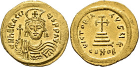 Heraclius, 610-641. Solidus (Gold, 21 mm, 4.49 g, 6 h), Constantinopolis, 610-613. d N hERACLIЧS P P AV Draped and cuirassed bust of Heraclius facing,...