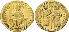Michael IV the Paphlagonian, 1034-1041. Histamenon (Gold, 24 mm, 3.79 g, 6 h), Thessalonica. + IhS XIS RЄX RЄςNANTIҺm Christ, nimbate, seated facing o...