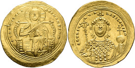 Constantine IX Monomachus, 1042-1055. Histamenon (Gold, 27 mm, 4.43 g, 5 h), Constantinopolis. +IҺS XIS RЄX RЄςNANTIҺm Christ, nimbate, seated facing ...