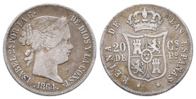 Philippinen, Isabella II. von Spanien 1833-1868, 20 Centimos 1864. 5,01 g. K/M 146. Kl. Randfehler, Kratzer, sehr schön