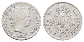Philippinen, Isabella II. von Spanien 1833-1868, 10 Centimos 1865. 2,54 g. K/M 145. Kl. Kratzer, sehr schön