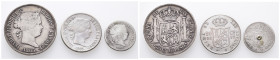 Philippinen, Isabella II. von Spanien 1833-1868, 10, 20 und 50 Centimos 1865. 3 Stück. K/M 145, 146 und 147. Gestopftes Loch (1x), kl. Kratzer, schön-...