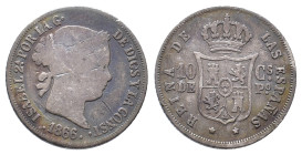 Philippinen, Isabella II. von Spanien 1833-1868, 10 Centimos 1866. 2,48 g. K/M 145. Kl. Kratzer, fast sehr schön