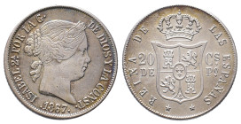 Philippinen, Isabela II. von Spanien 1833-1868, 20 Centimos 1867. 5,12 g. K/M 146. Hübsche Patina, sehr schön +