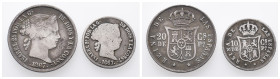Philippinen, Isabella II. von Spanien 1833-1868, 10 und 20 Centimos 1867. 2 Stück. K/M 145 und 146. Schön-sehr schön
