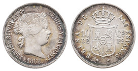 Philippinen, Isabella II. von Spanien 1833-1868, 10 Centimos 1868. 2,58 g. K/M 145. Hübsche Patina, sehr schön-vorzüglich